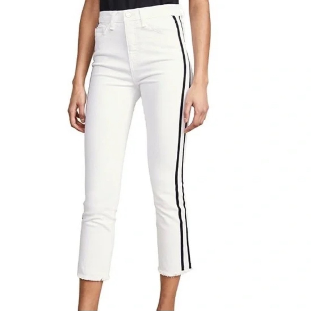 Cello Jeans Mid Rise Step Hem White Stretchy Crop Skinny Jeans w Tuxedo Ribbon